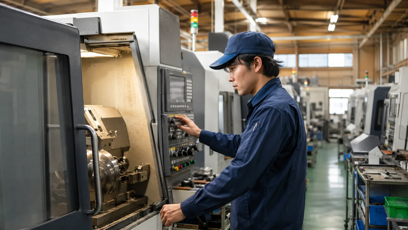 CNC旋盤を操作する若手社員