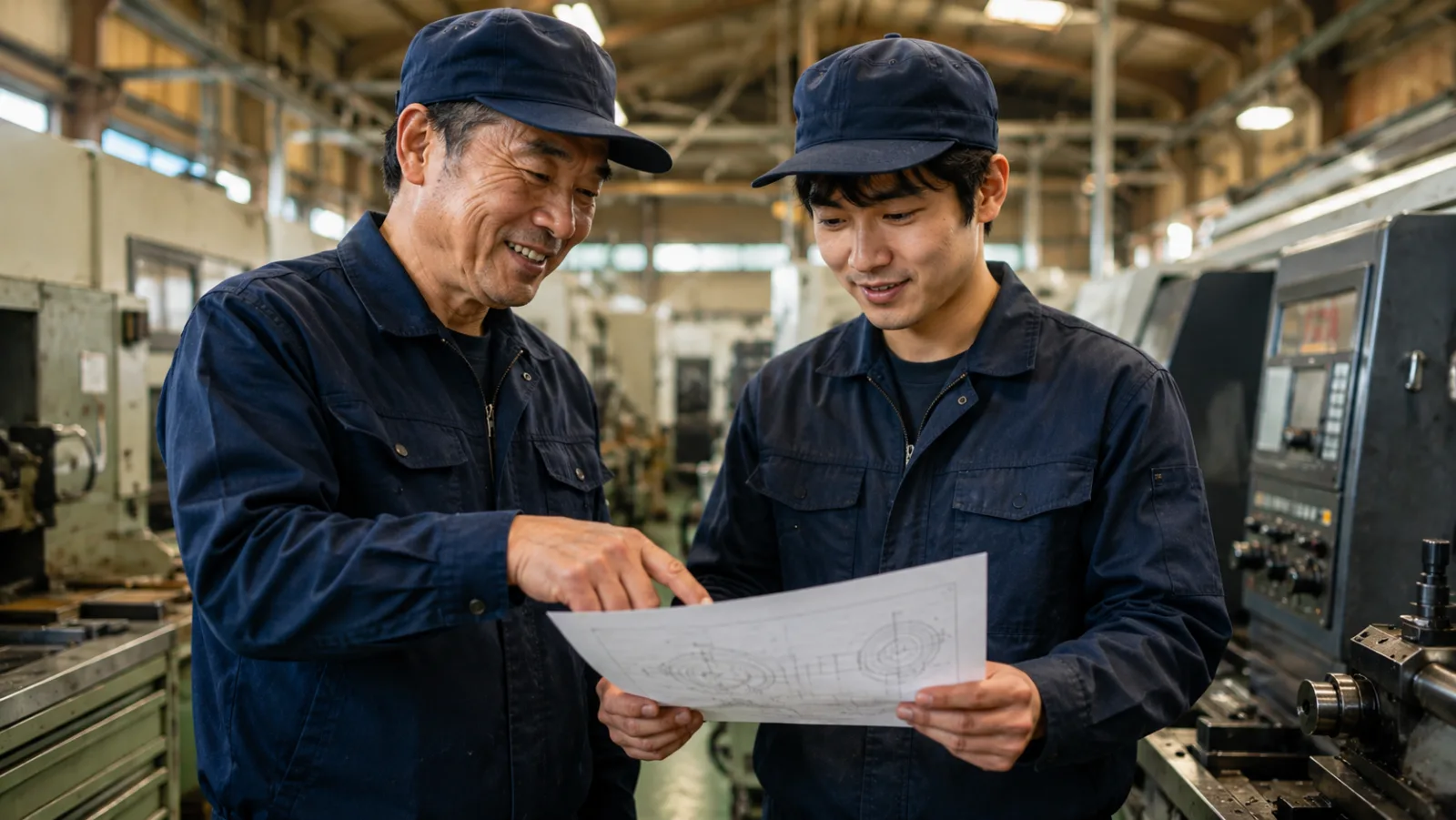 ベテランが若手に図面を教えている様子